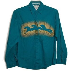 VTG WRANGLER AUTHENTIC WESTERN WEAR COTTON SHIRT TEAL TURQUOISE WILD HORSES SZ S